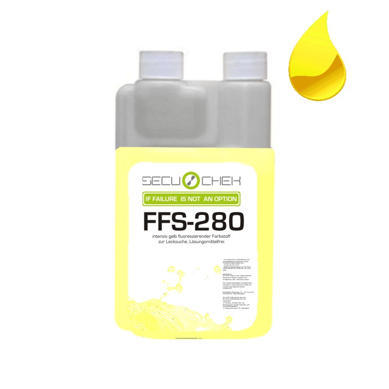 UV dye dosing bottle with FFS-280 yellow fluorescent solution for oil leak detection