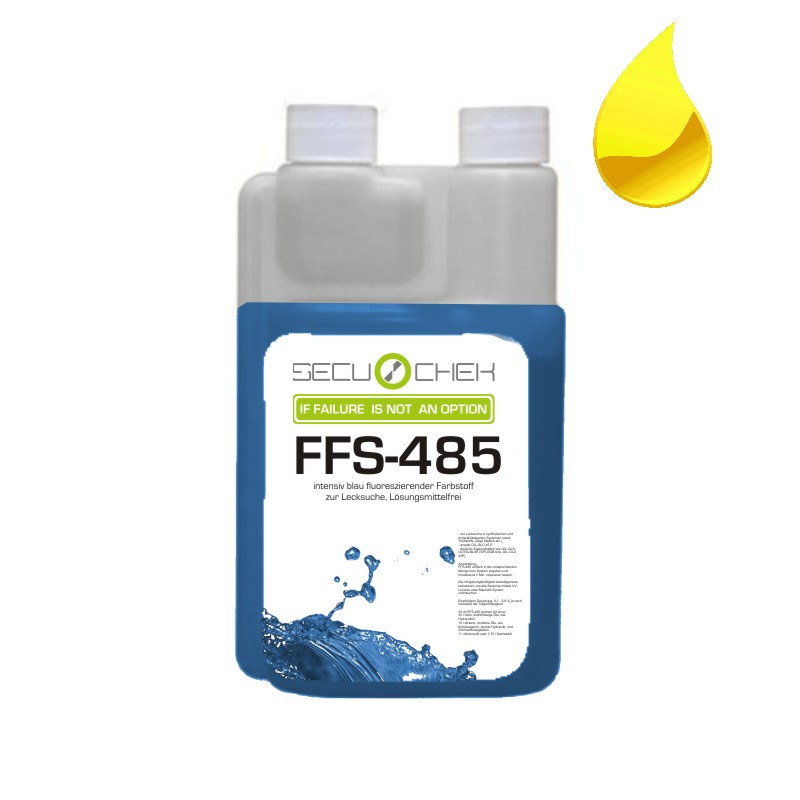 Illustration of a bottle of FFS-485 (blue fluorescent UV dye) for leak detection