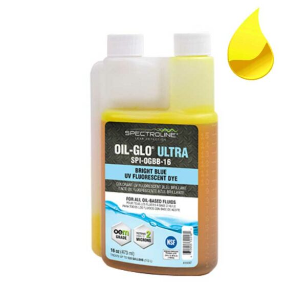 Image Dosing bottle Oil-Glo 40 intensive light blue fluorescent UV dye from Spectroline to detect oil loss