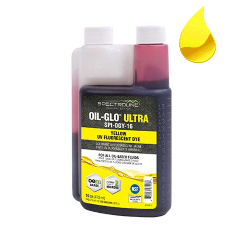 Dosing bottle color fluorescence: OIL-GLO 20 yellow fluorescent leak detection UV dye for mineral oils and oil systems