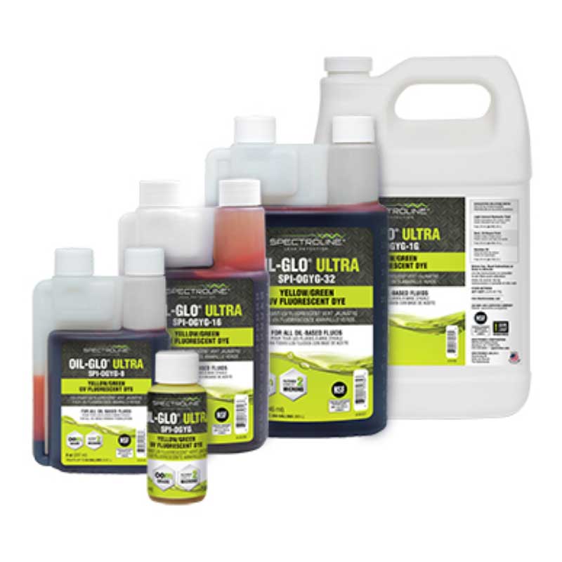 Overview of package sizes for the UV dye Spectroline OIL-GLO 44 yellow-green fluorescence for leak detection