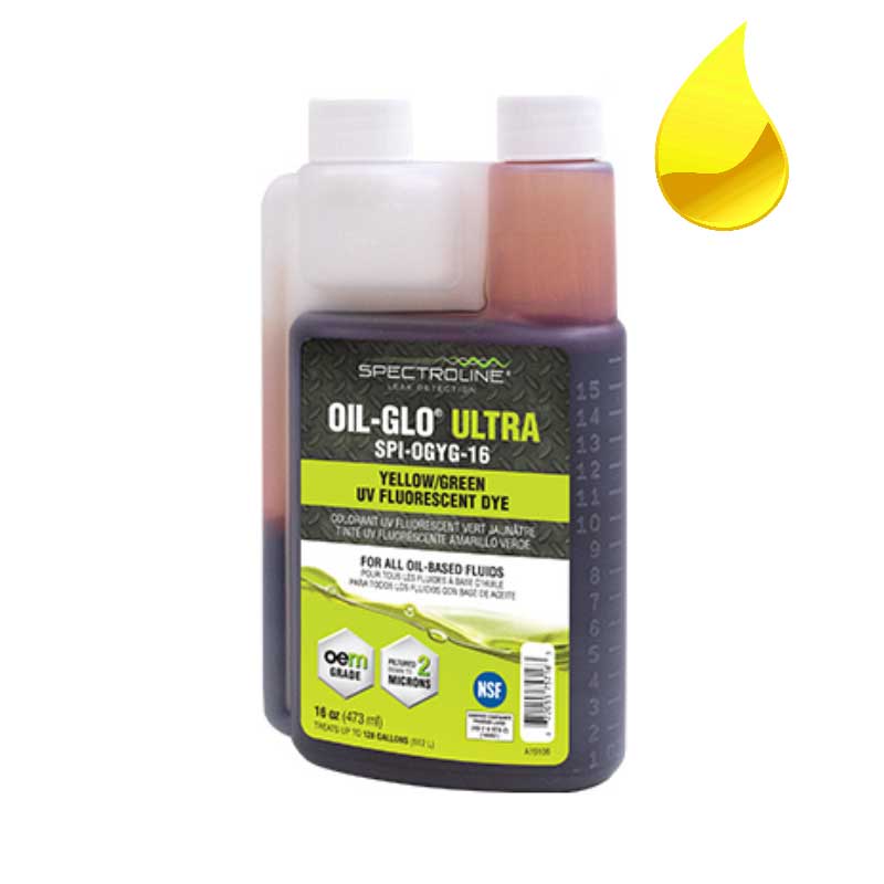 practical dosing option: illustration of a bottle of OIL-GLO 44 yellow-green UV dye for the detection of oil leaks