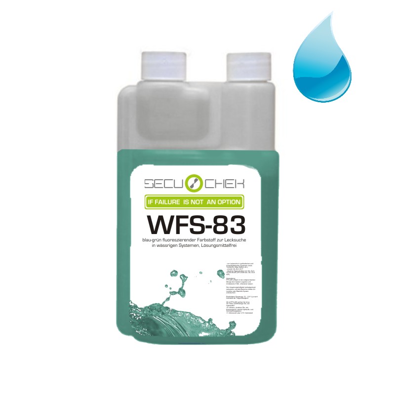 WFS-83 blue-green fluorescent UV dye for water-based systems and circuits in practical dosing bottle from SECU-CHEK